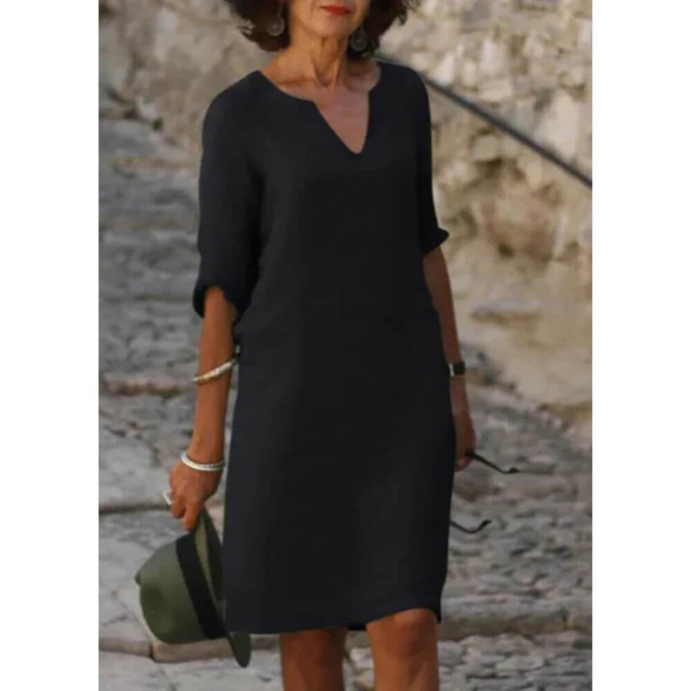 V-Neck Shift Dress with 3/4 Sleeves