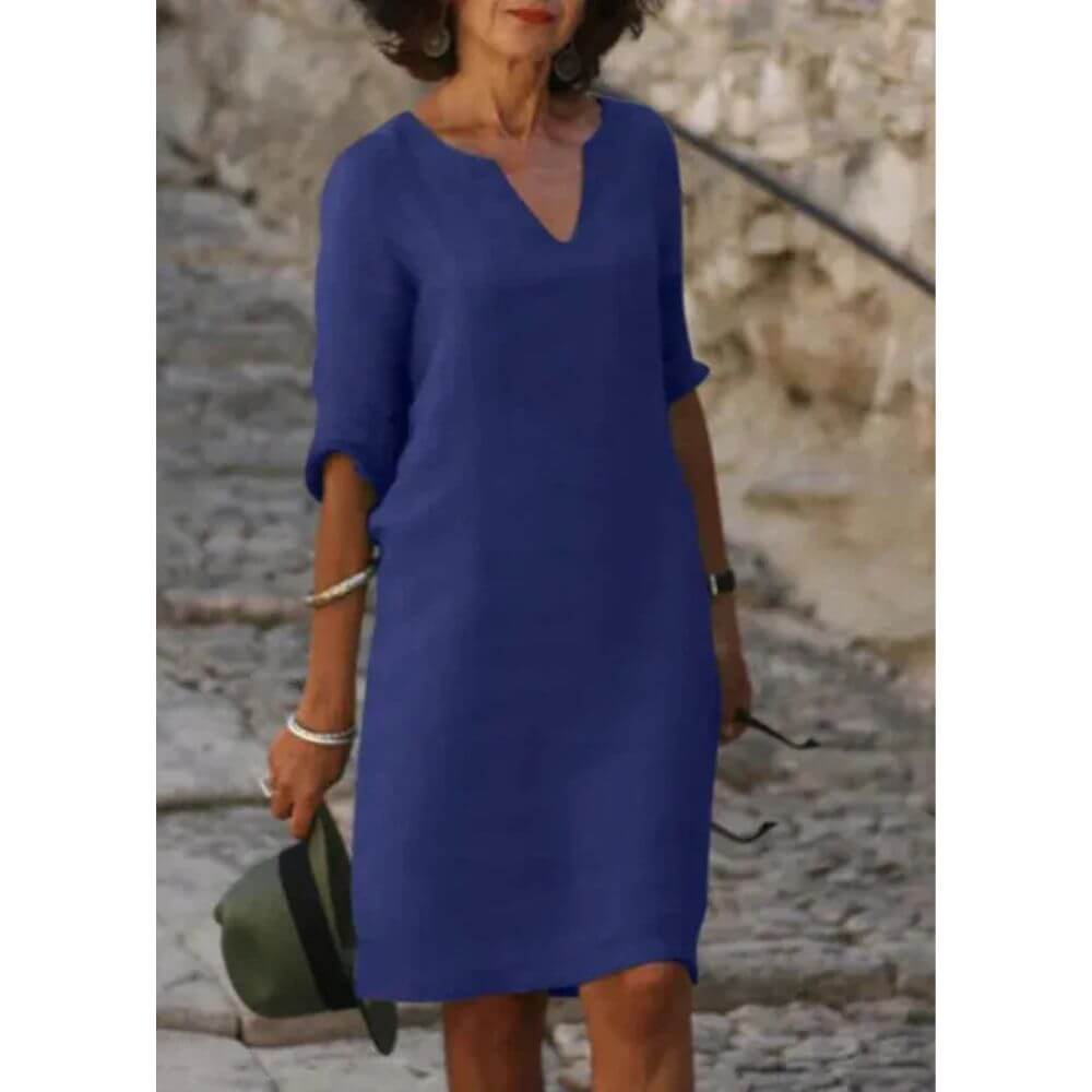 V-Neck Shift Dress with 3/4 Sleeves