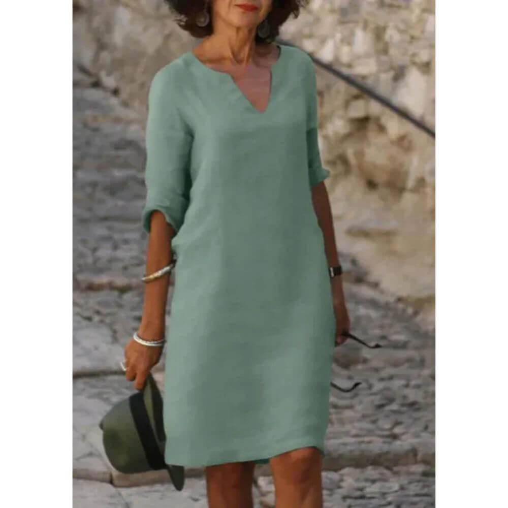 V-Neck Shift Dress with 3/4 Sleeves