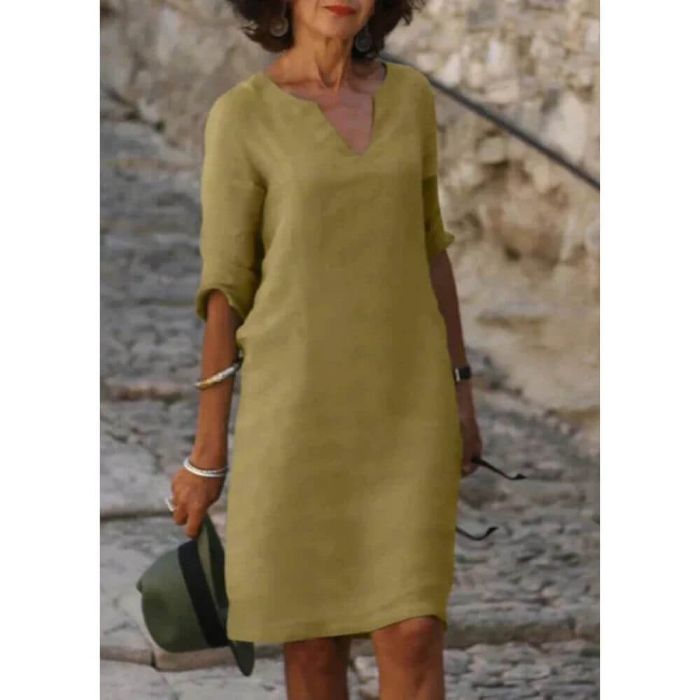 V-Neck Shift Dress with 3/4 Sleeves