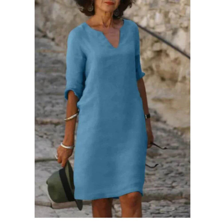 V-Neck Shift Dress with 3/4 Sleeves