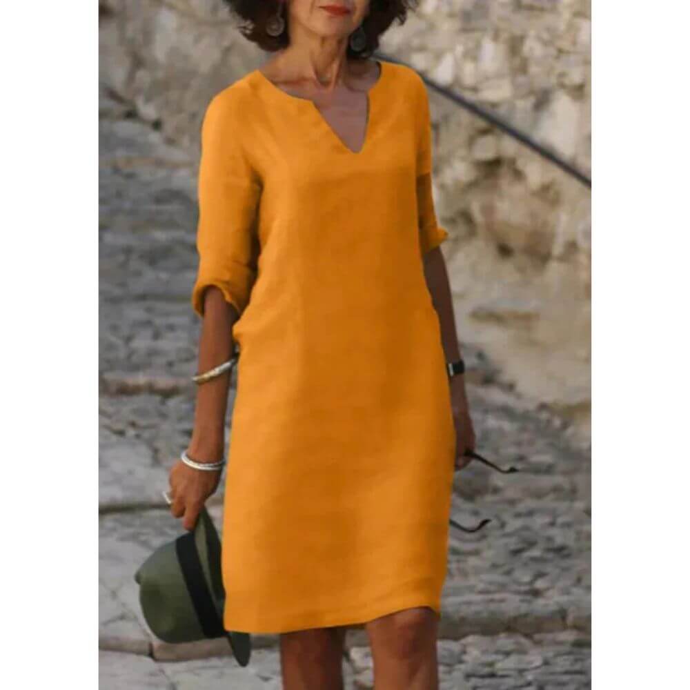 V-Neck Shift Dress with 3/4 Sleeves