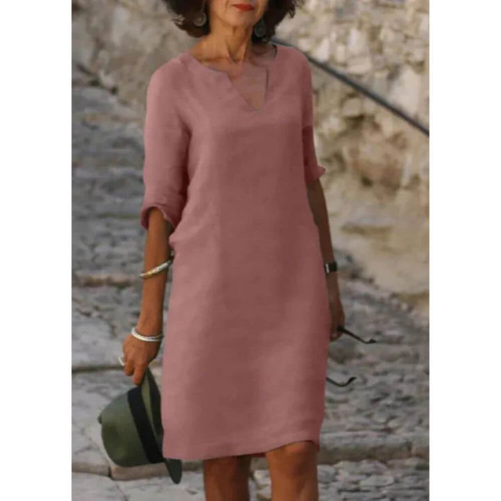 V-Neck Shift Dress with 3/4 Sleeves