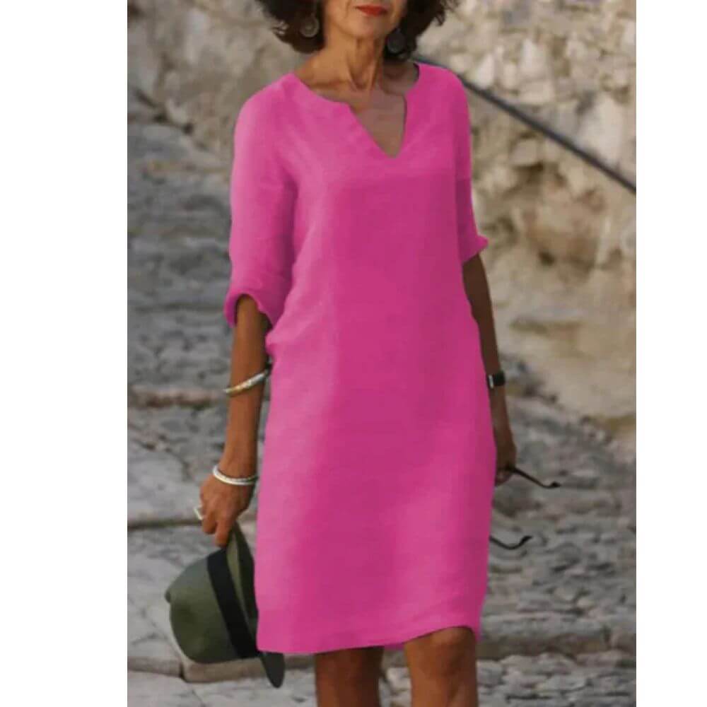 V-Neck Shift Dress with 3/4 Sleeves
