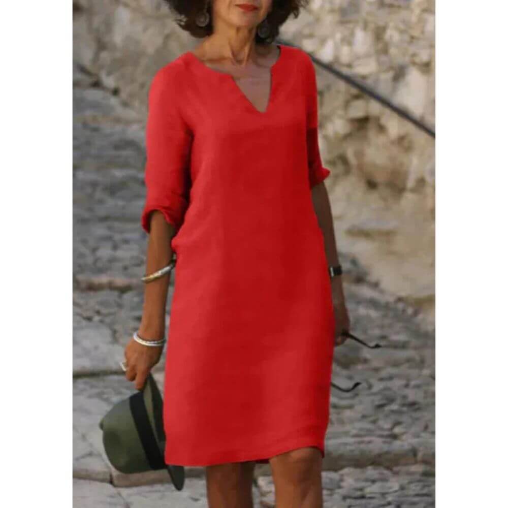 V-Neck Shift Dress with 3/4 Sleeves