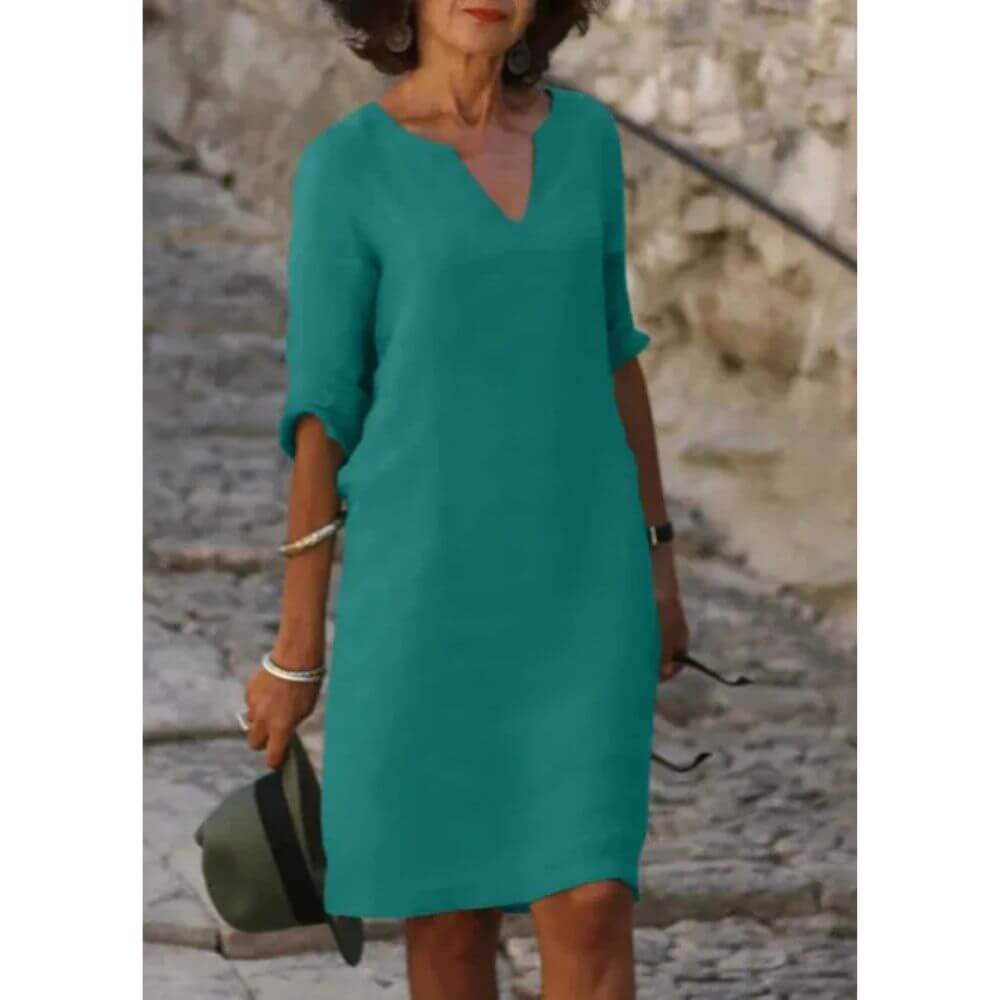 V-Neck Shift Dress with 3/4 Sleeves