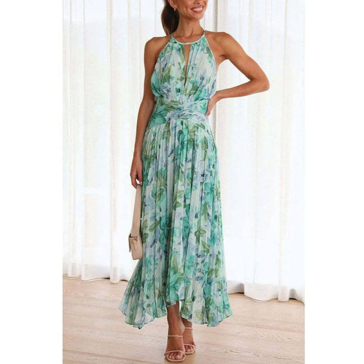 Women's Floral Pleated Midi Dress for Summer Wear