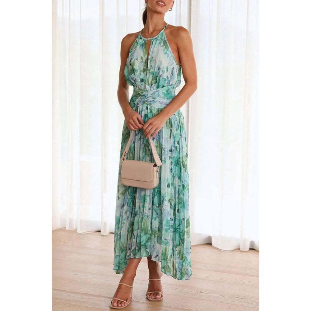 Women's Floral Pleated Midi Dress for Summer Wear