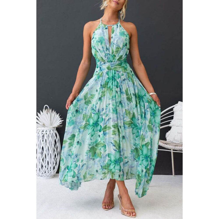 Women's Floral Pleated Midi Dress for Summer Wear
