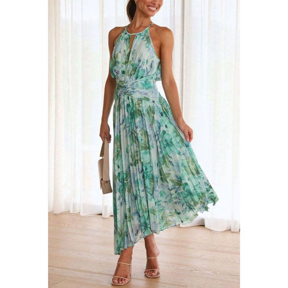 Women's Floral Pleated Midi Dress for Summer Wear