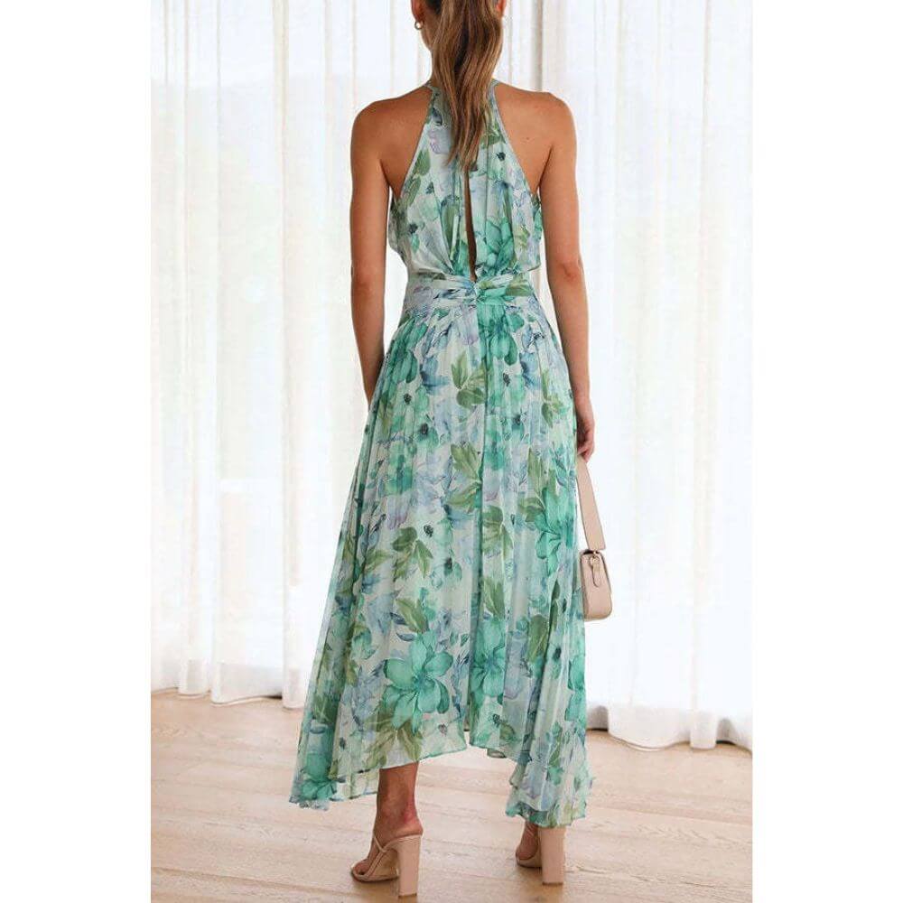 Women's Floral Pleated Midi Dress for Summer Wear
