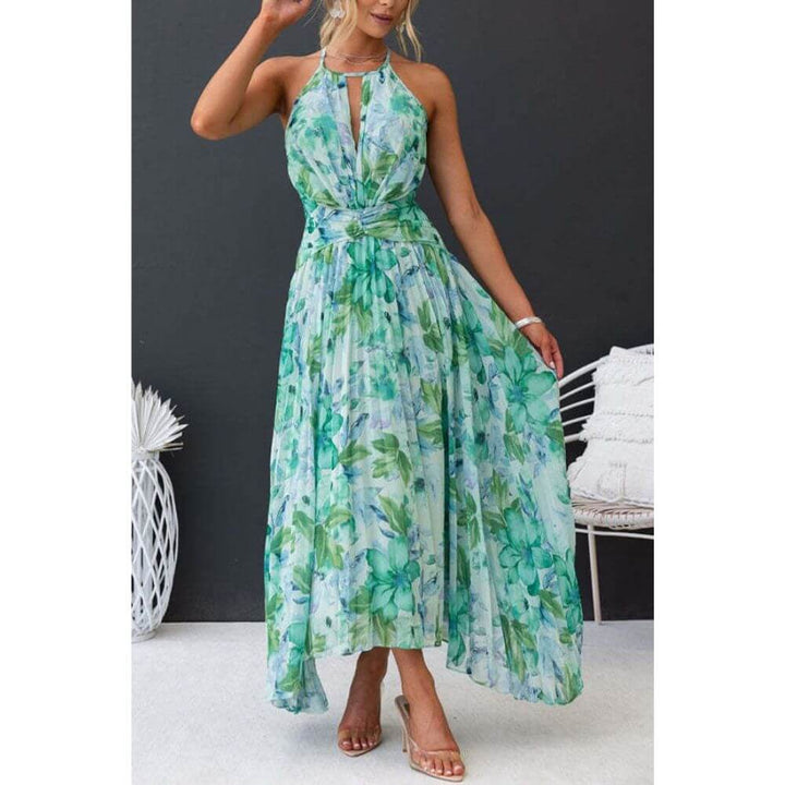 Women's Floral Pleated Midi Dress for Summer Wear