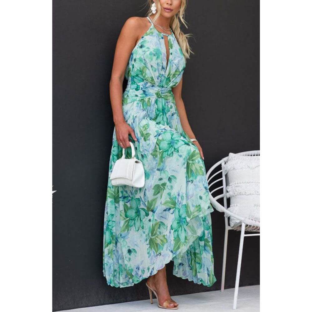Women's Floral Pleated Midi Dress for Summer Wear