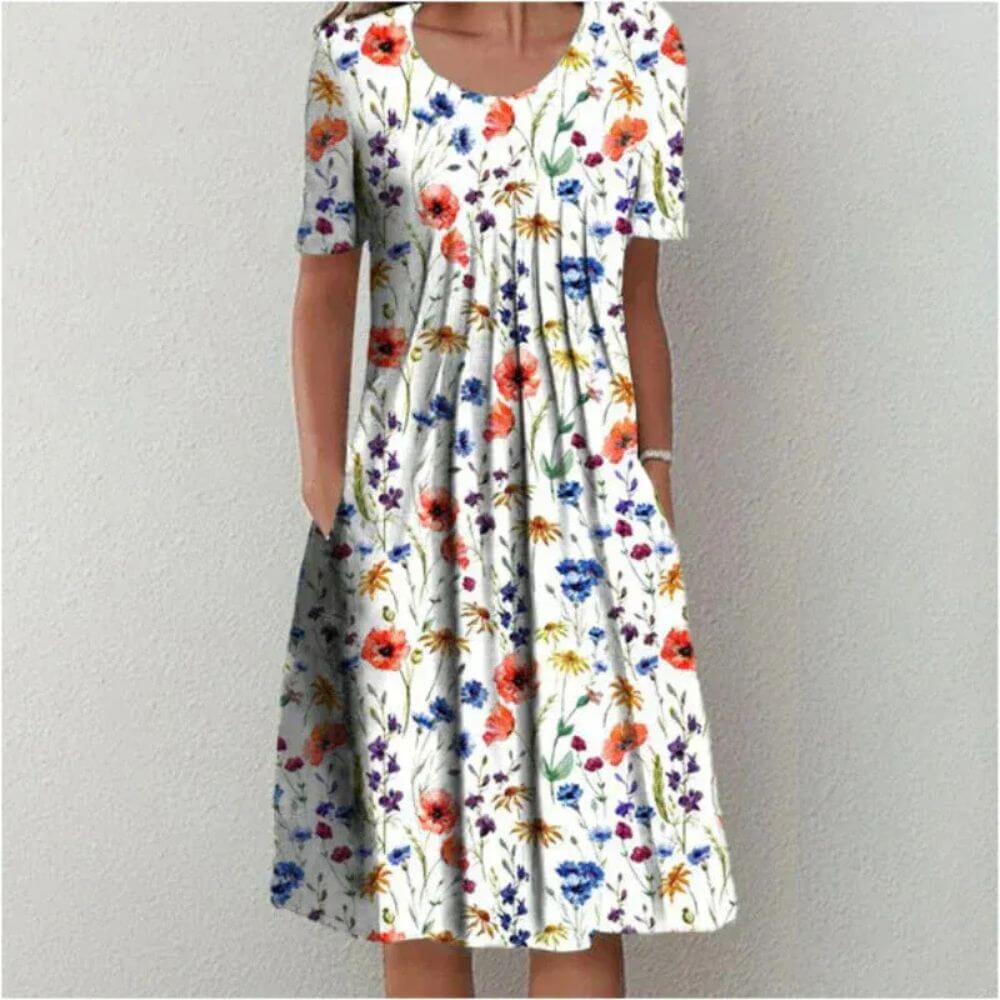 Elegant Floral A-Line Midi Dress with Short Sleeves for Summer