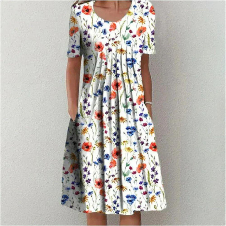 Elegant Floral A-Line Midi Dress with Short Sleeves for Summer