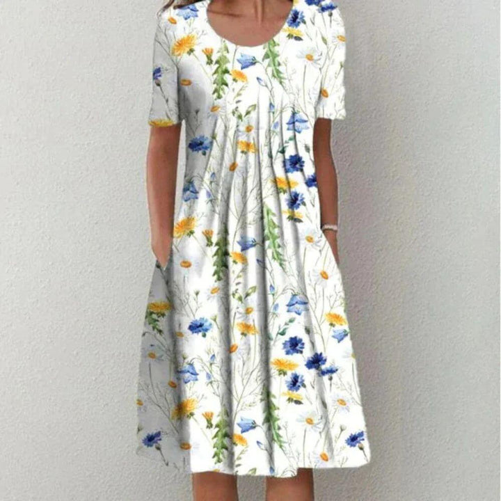 Elegant Floral A-Line Midi Dress with Short Sleeves for Summer