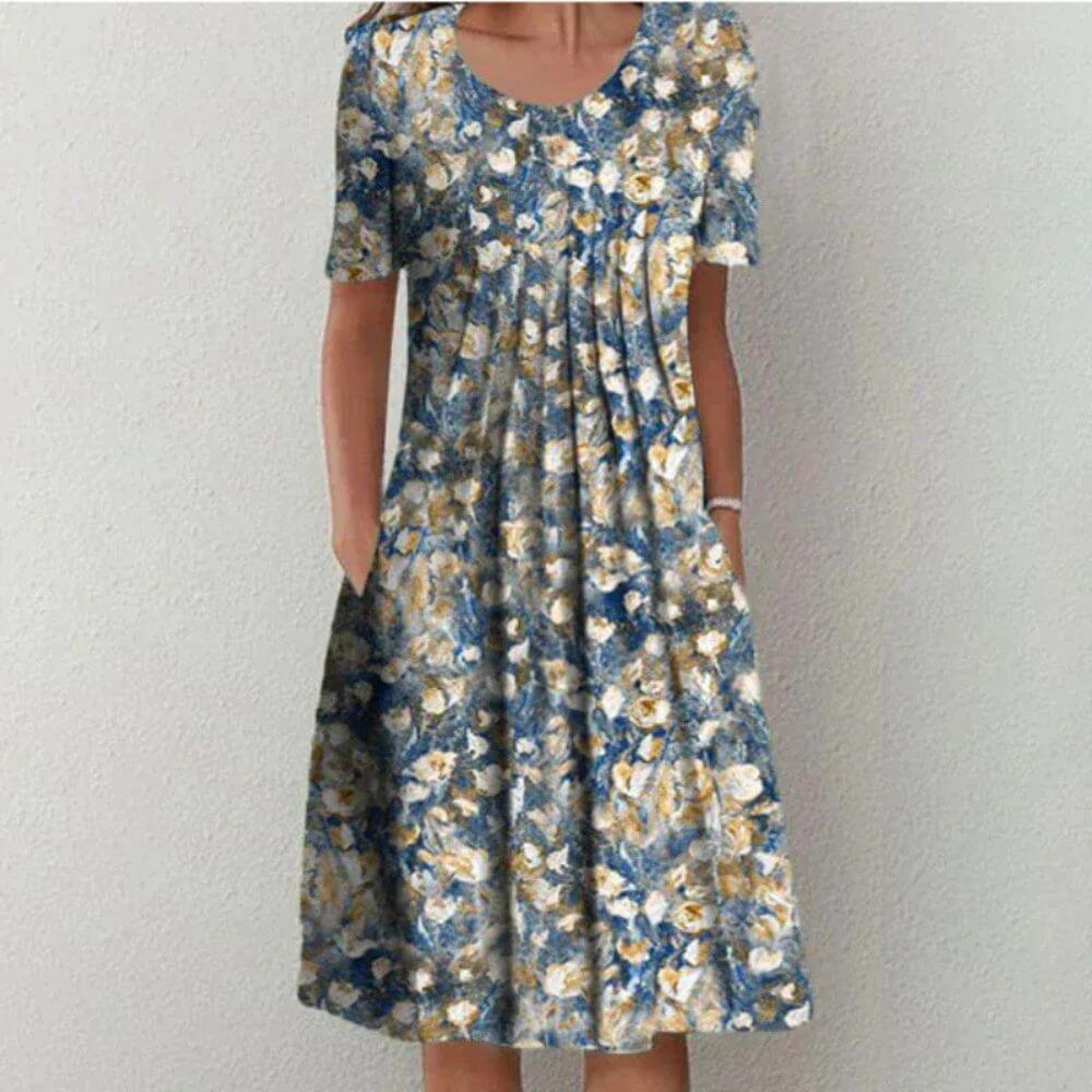 Elegant Floral A-Line Midi Dress with Short Sleeves for Summer