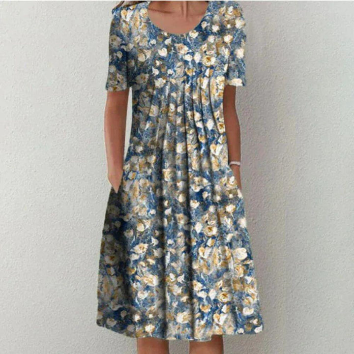 Elegant Floral A-Line Midi Dress with Short Sleeves for Summer