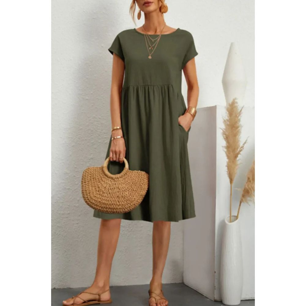 Casual Babydoll Midi Dress – Short Sleeve Women’s Mid-Length Dress