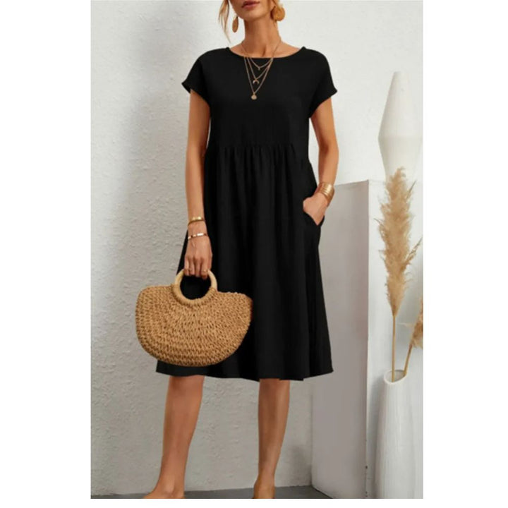 Casual Babydoll Midi Dress – Short Sleeve Women’s Mid-Length Dress