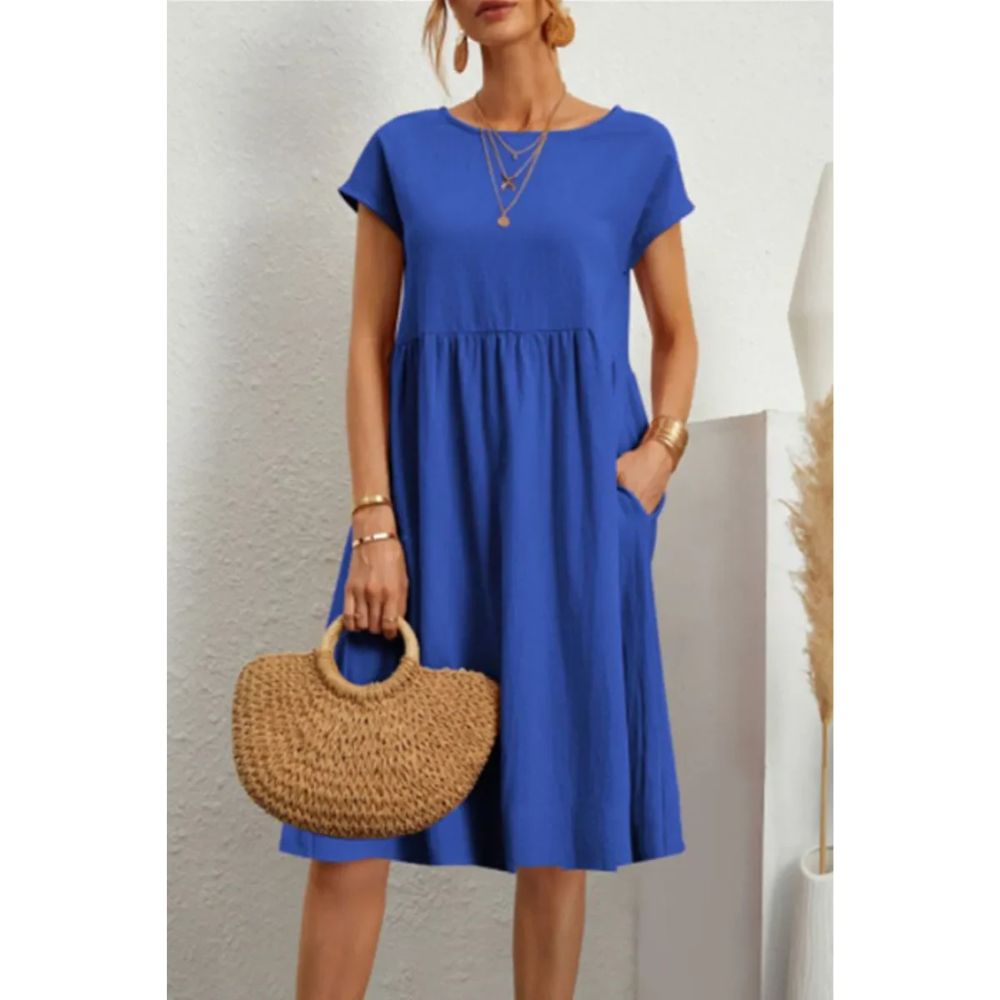 Casual Babydoll Midi Dress – Short Sleeve Women’s Mid-Length Dress