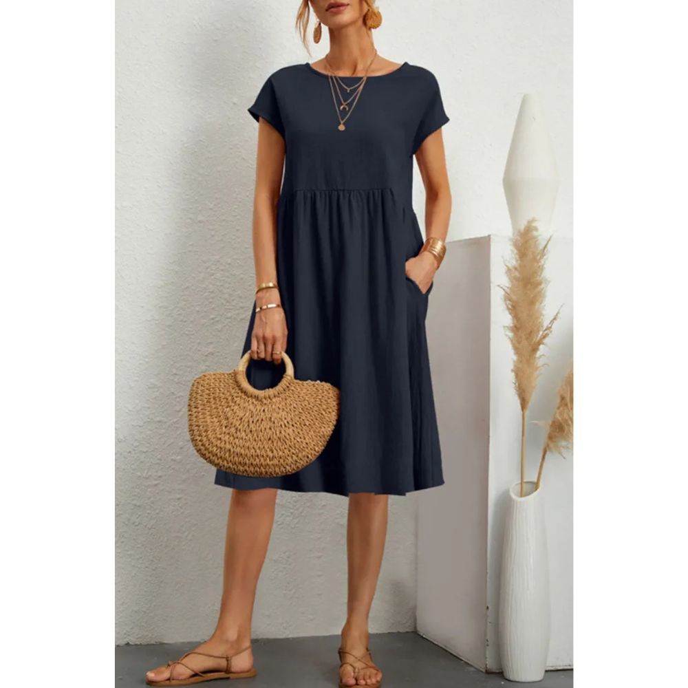 Casual Babydoll Midi Dress – Short Sleeve Women’s Mid-Length Dress