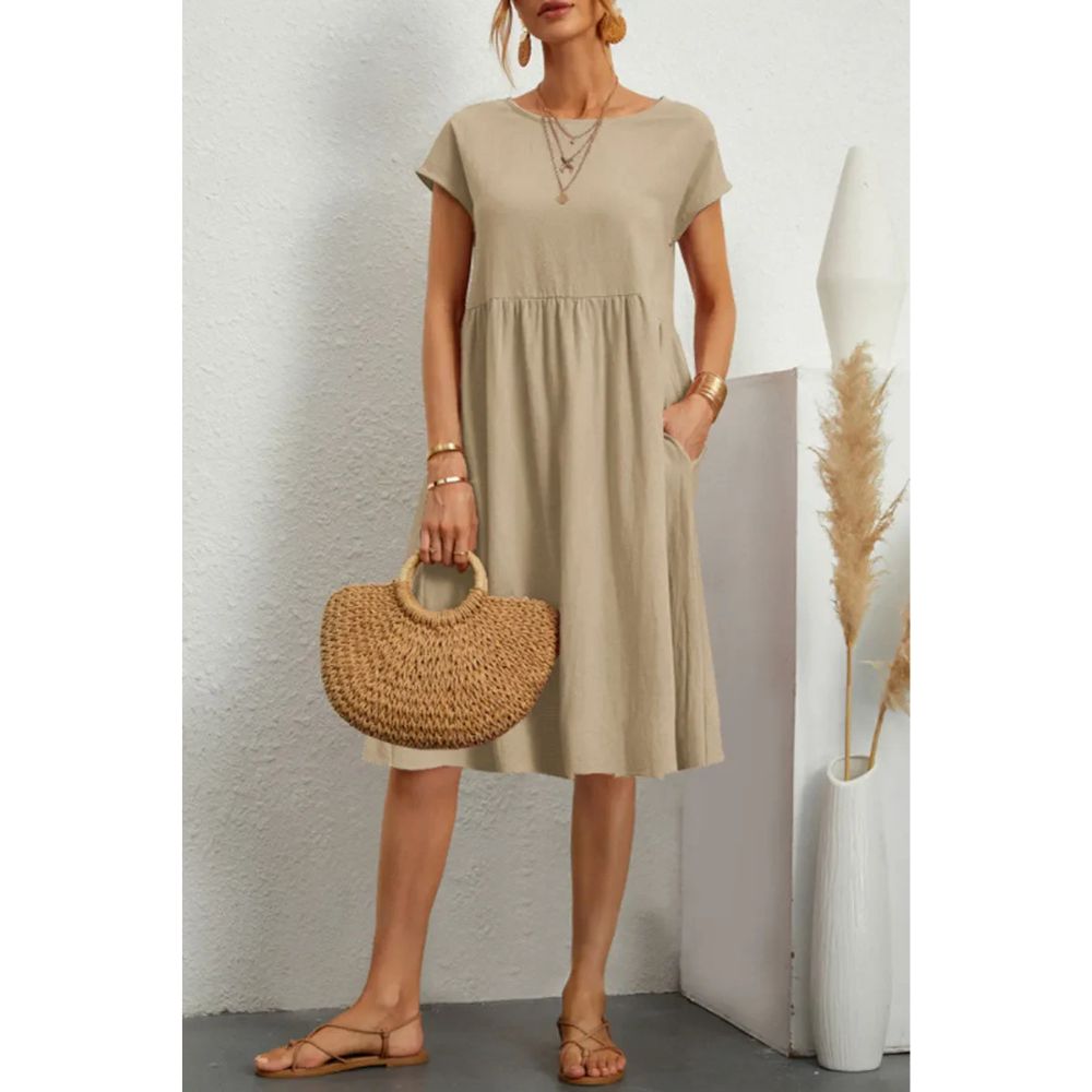 Casual Babydoll Midi Dress – Short Sleeve Women’s Mid-Length Dress