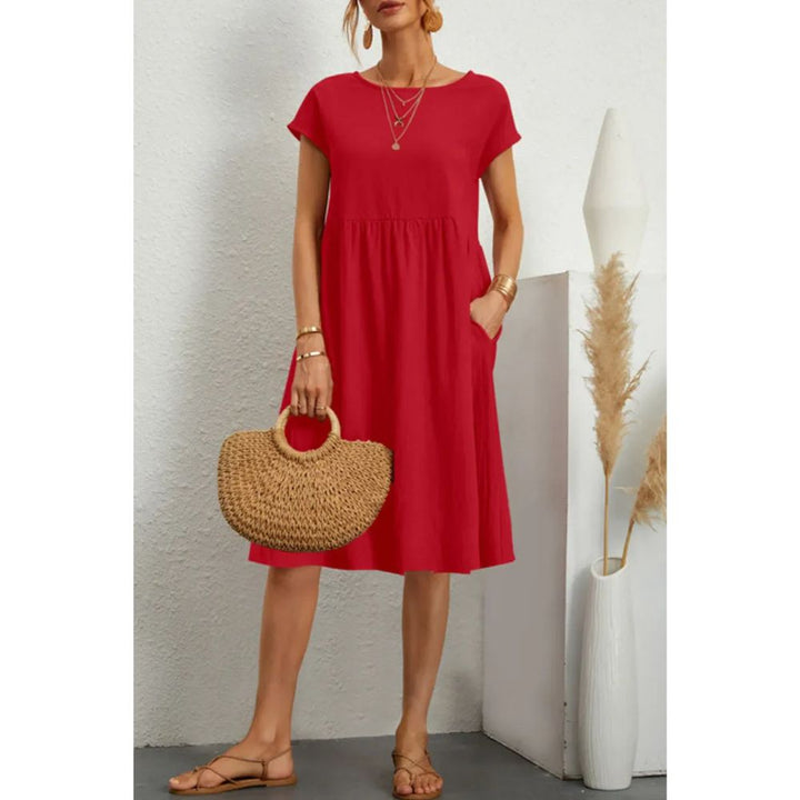 Casual Babydoll Midi Dress – Short Sleeve Women’s Mid-Length Dress