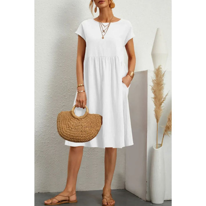 Casual Babydoll Midi Dress – Short Sleeve Women’s Mid-Length Dress