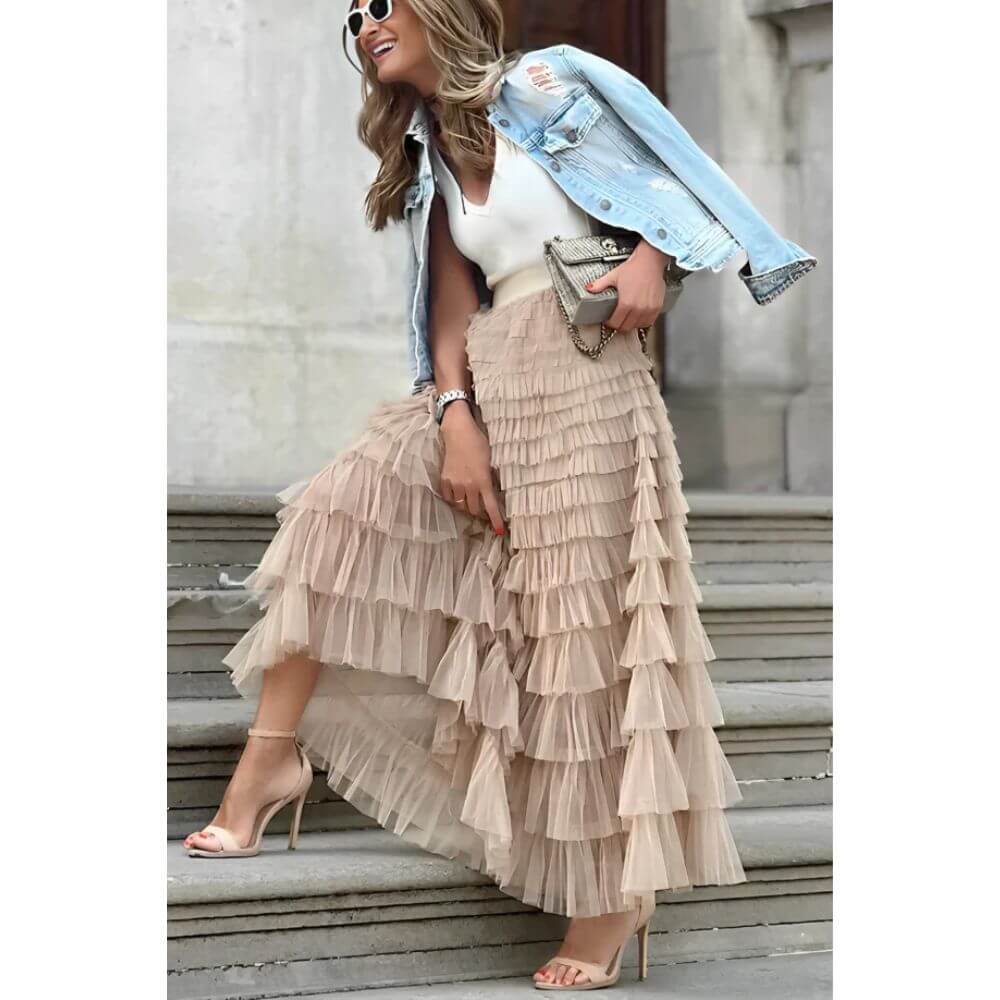 Tiered Maxi Skirt for Women – High-Waisted Tulle Style for Elegant Looks
