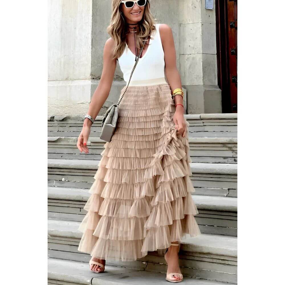Tiered Maxi Skirt for Women – High-Waisted Tulle Style for Elegant Looks