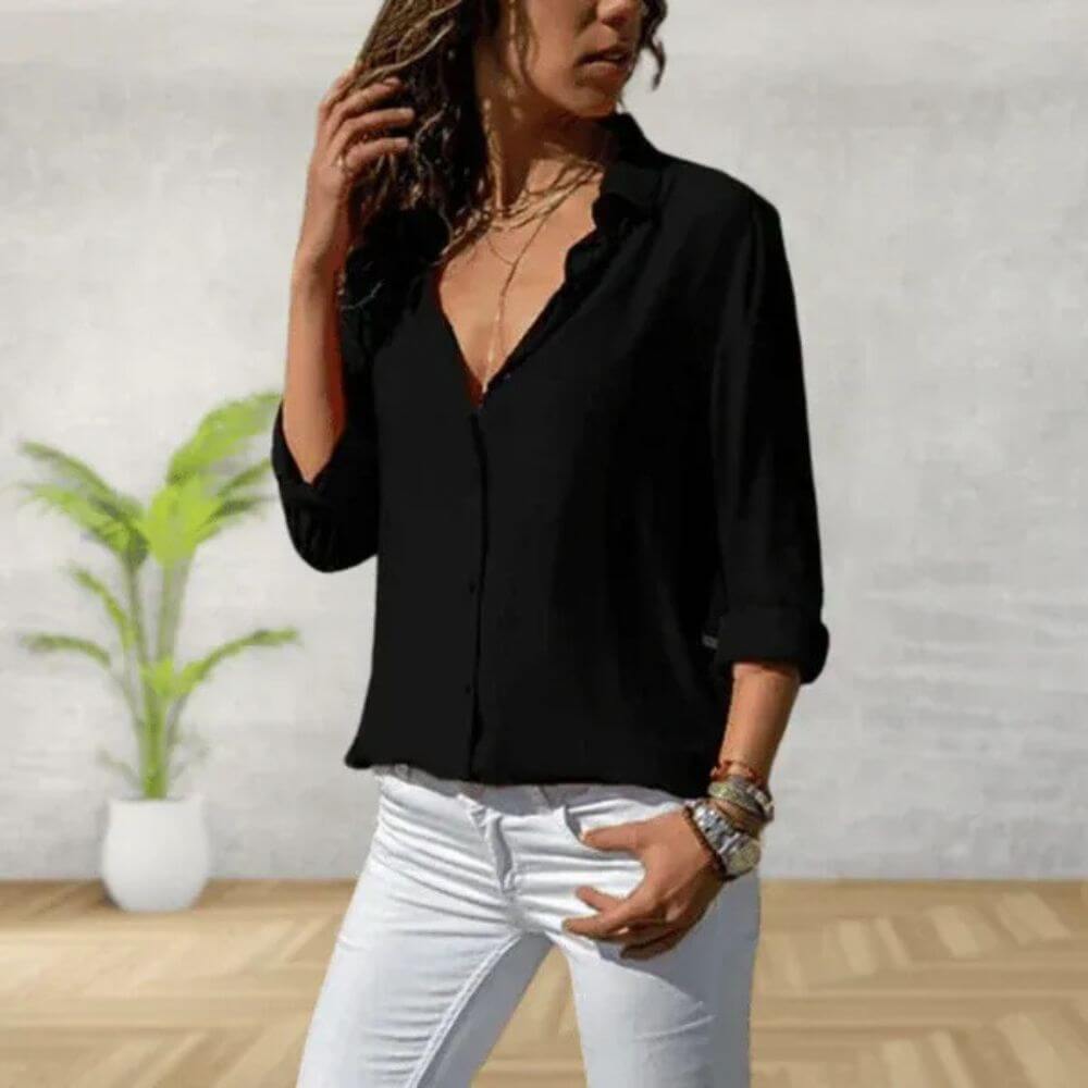 V-Neck Button Down Blouse for Women, Relaxed Fit