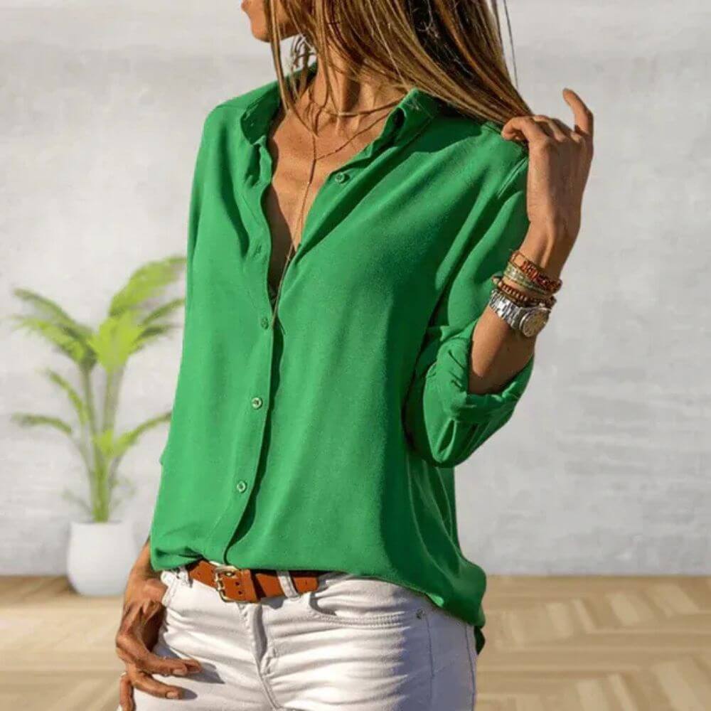 V-Neck Button Down Blouse for Women, Relaxed Fit