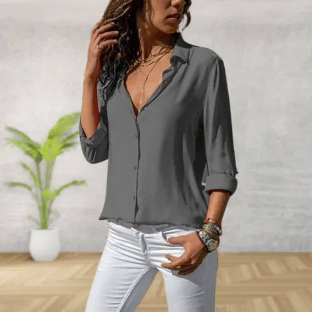 V-Neck Button Down Blouse for Women, Relaxed Fit