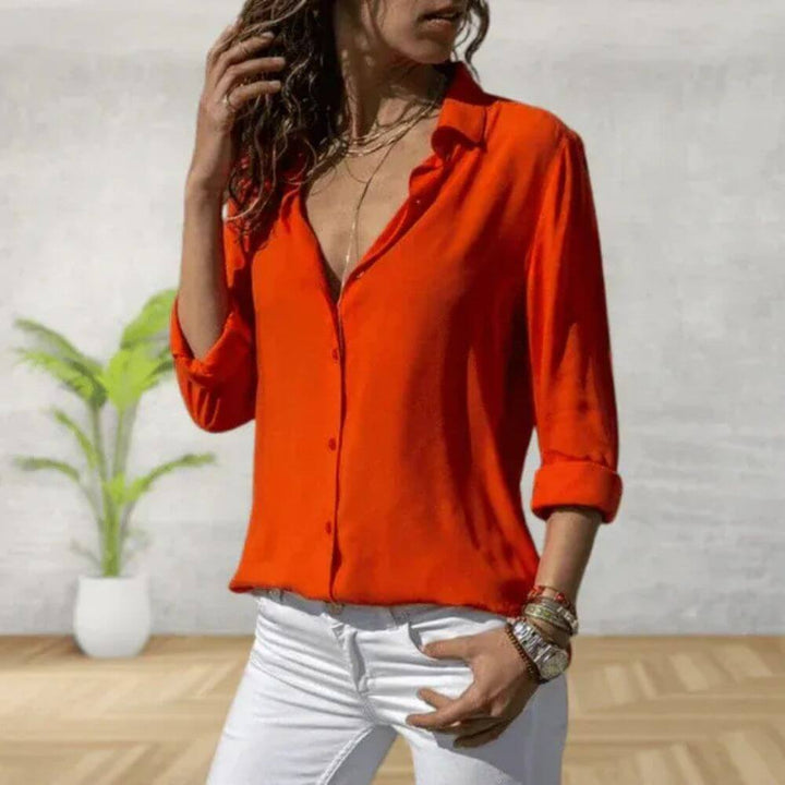 V-Neck Button Down Blouse for Women, Relaxed Fit