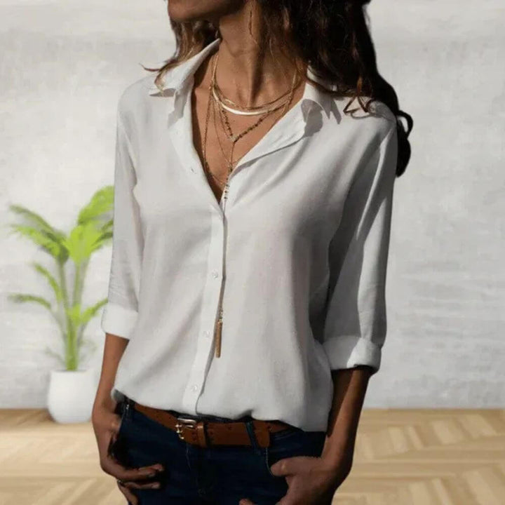 V-Neck Button Down Blouse for Women, Relaxed Fit