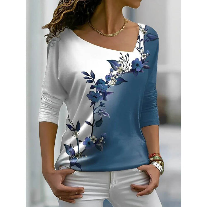 Floral Gradient Asymmetrical Neck Blouse for Women, 3/4 Sleeve Top