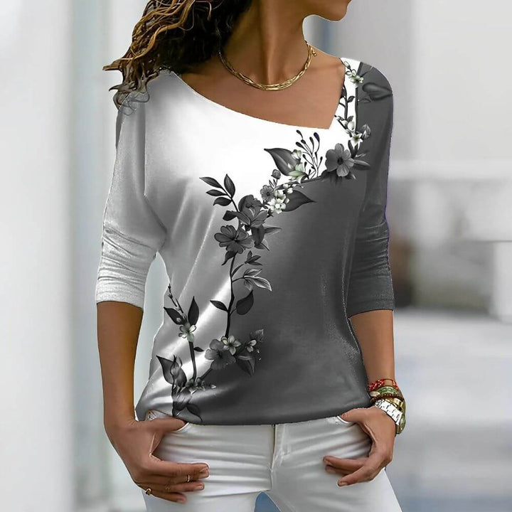 Floral Gradient Asymmetrical Neck Blouse for Women, 3/4 Sleeve Top