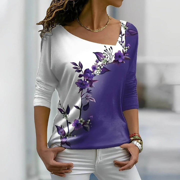 Floral Gradient Asymmetrical Neck Blouse for Women, 3/4 Sleeve Top