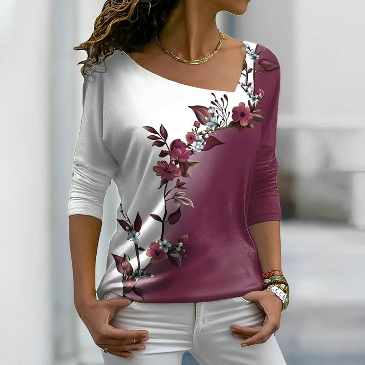 Floral Gradient Asymmetrical Neck Blouse for Women, 3/4 Sleeve Top