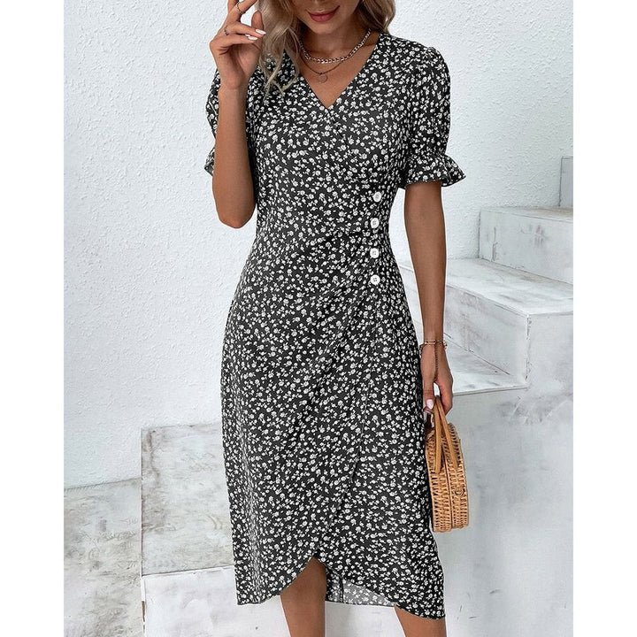 Floral Wrap Midi Dress with Ruffle Sleeves and V-Neckline