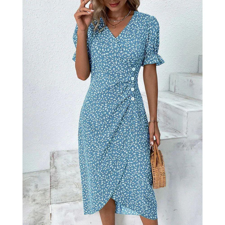 Floral Wrap Midi Dress with Ruffle Sleeves and V-Neckline