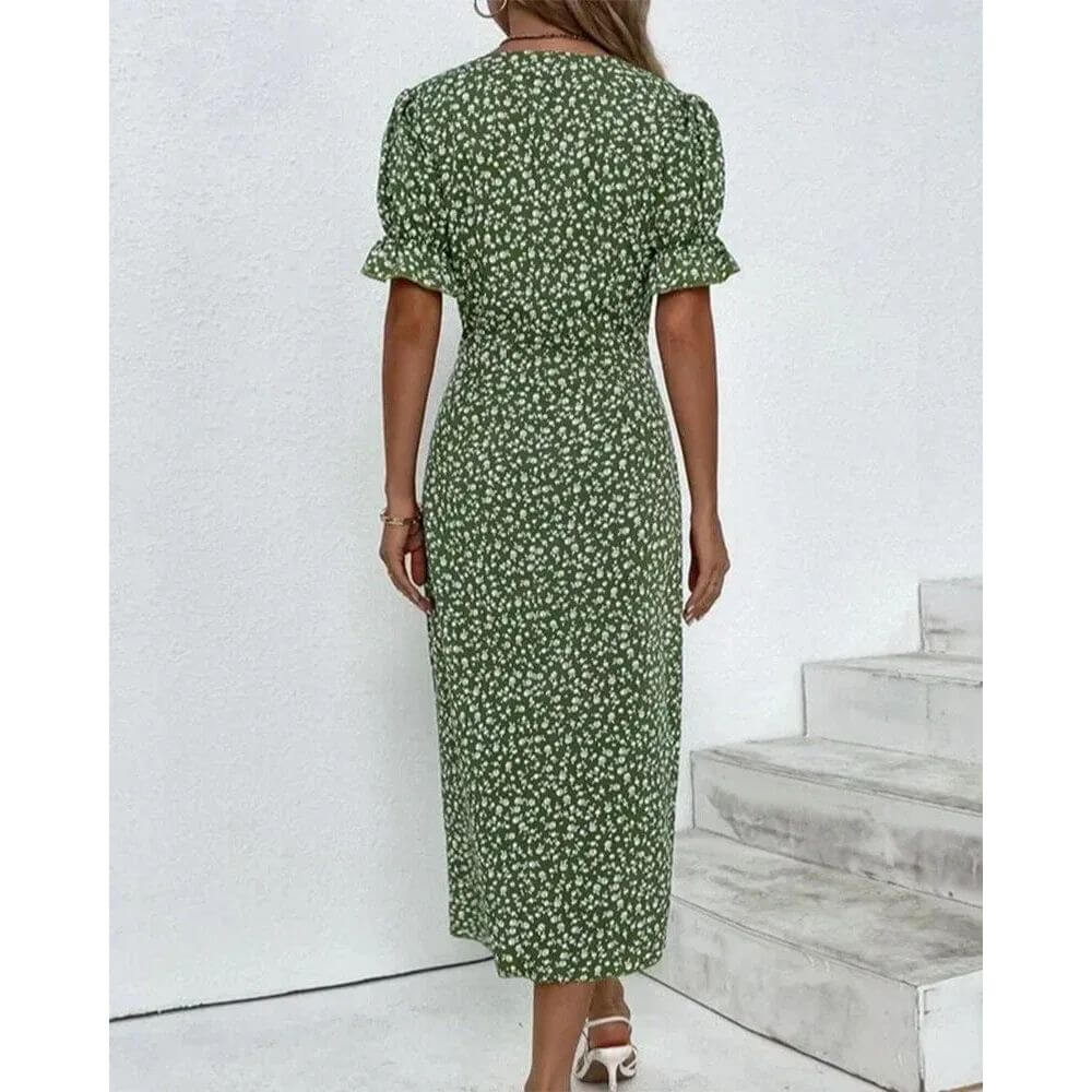 Floral Wrap Midi Dress with Ruffle Sleeves and V-Neckline