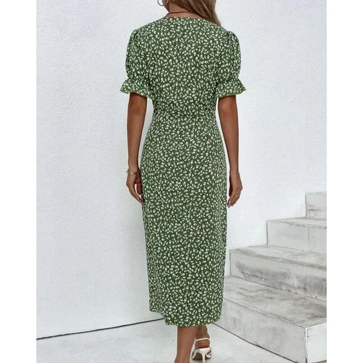 Floral Wrap Midi Dress with Ruffle Sleeves and V-Neckline