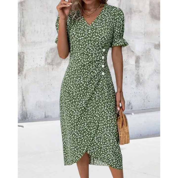Floral Wrap Midi Dress with Ruffle Sleeves and V-Neckline