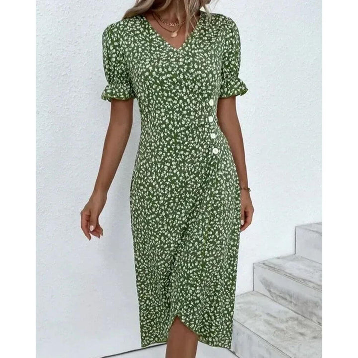 Floral Wrap Midi Dress with Ruffle Sleeves and V-Neckline