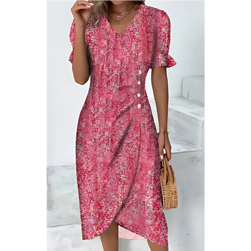 Floral Wrap Midi Dress with Ruffle Sleeves and V-Neckline
