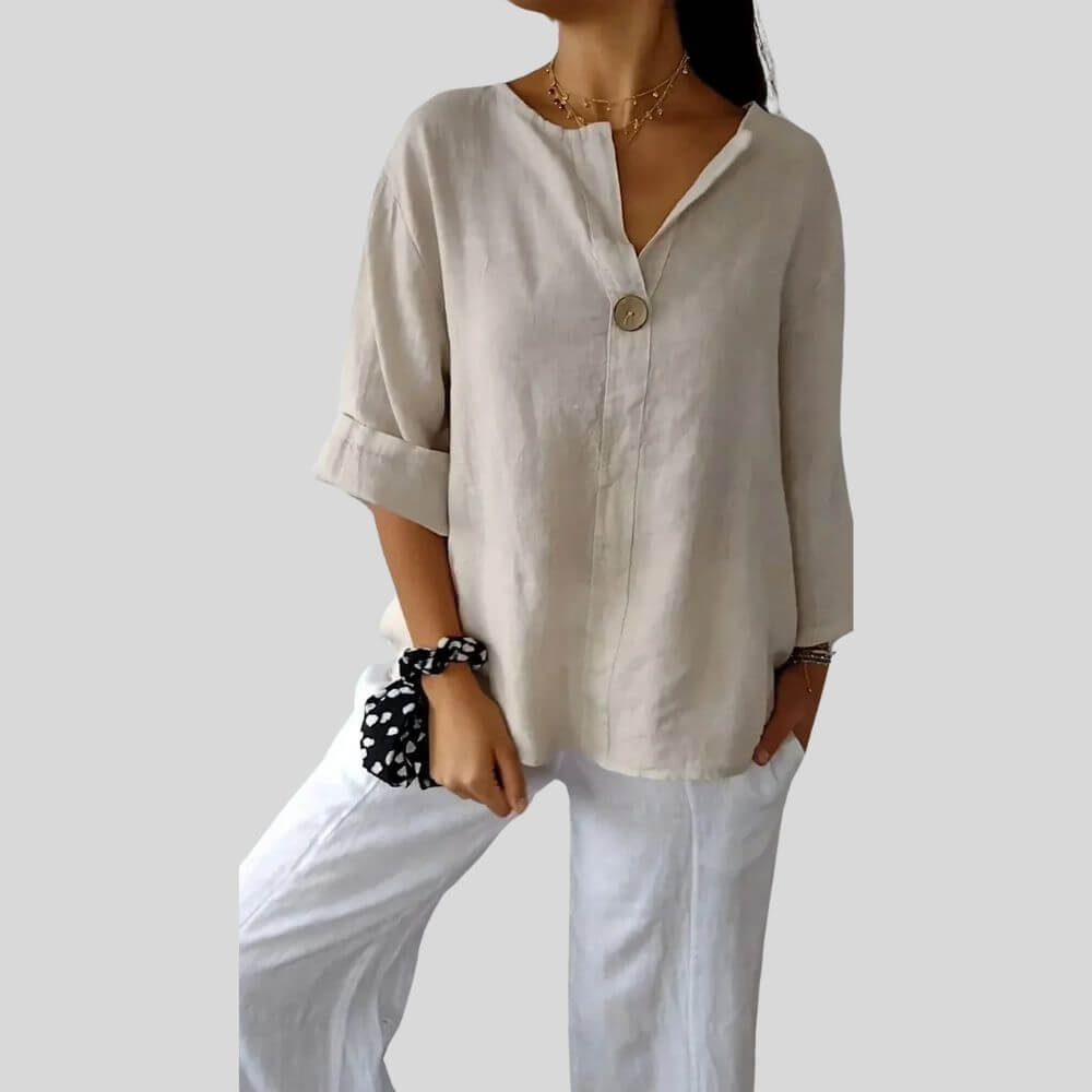Women’s Relaxed-Fit Tunic Blouse with V-Neck and Button Front