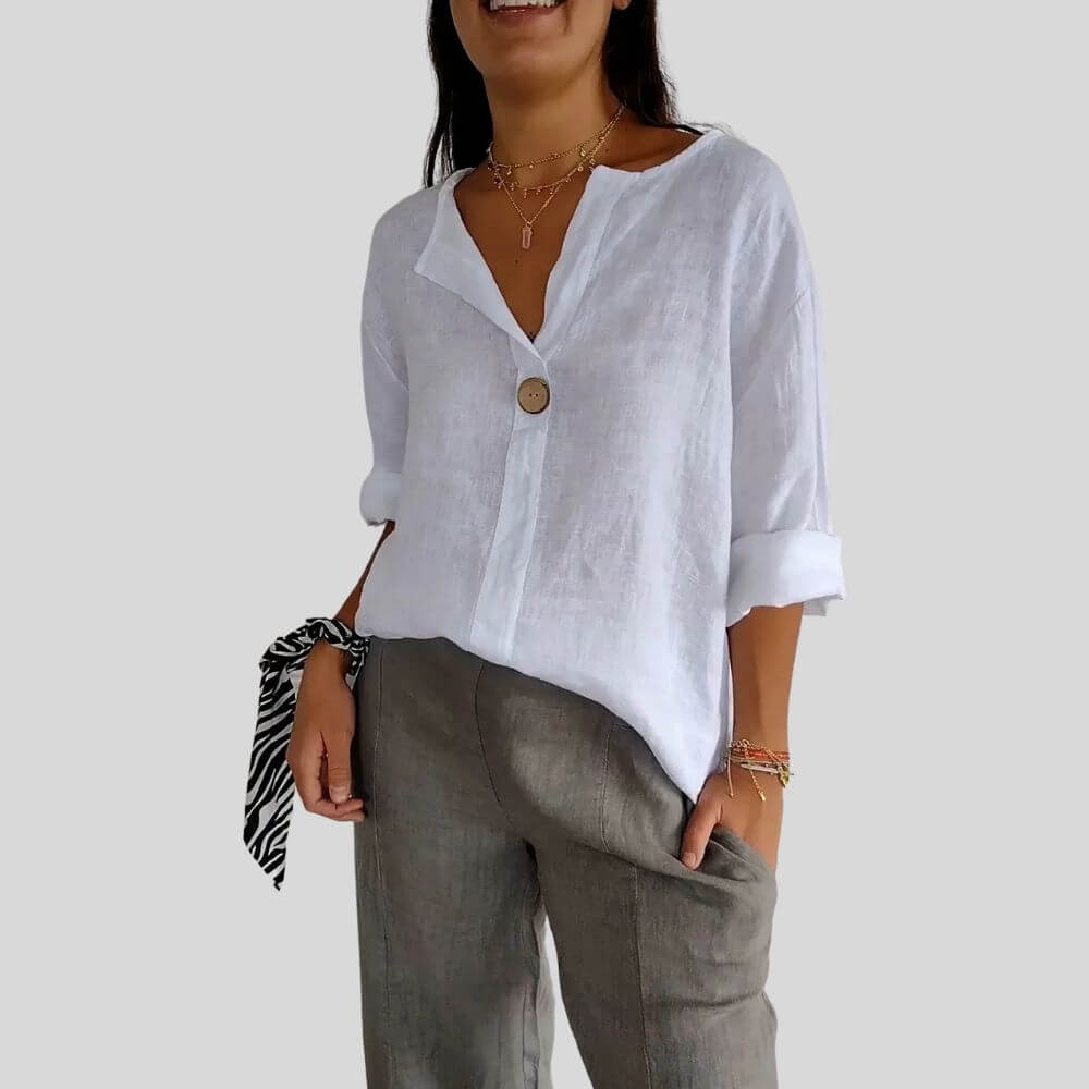 Women’s Relaxed-Fit Tunic Blouse with V-Neck and Button Front
