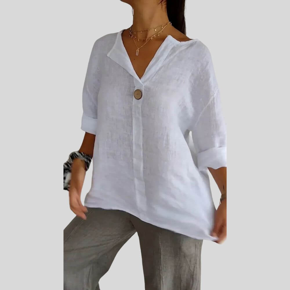 Women’s Relaxed-Fit Tunic Blouse with V-Neck and Button Front